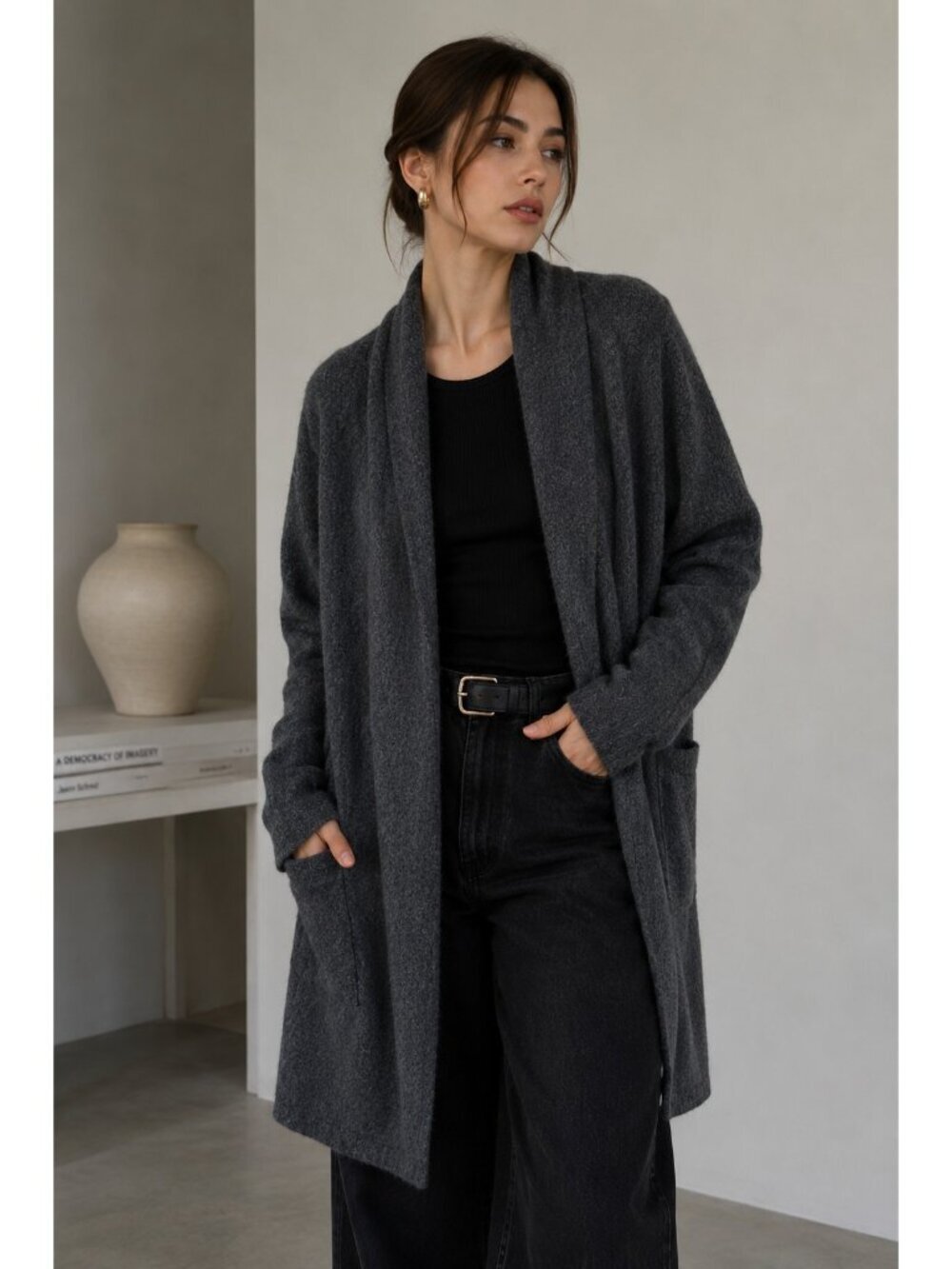 Tahari 100% Cashmere Long Cardigan Women Gray Open Front Duster Pockets M